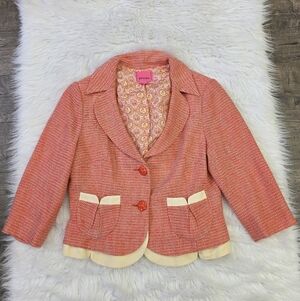 Vintage Phoebe Women's Pink Tweed Jacket with Cream Accents Size 14